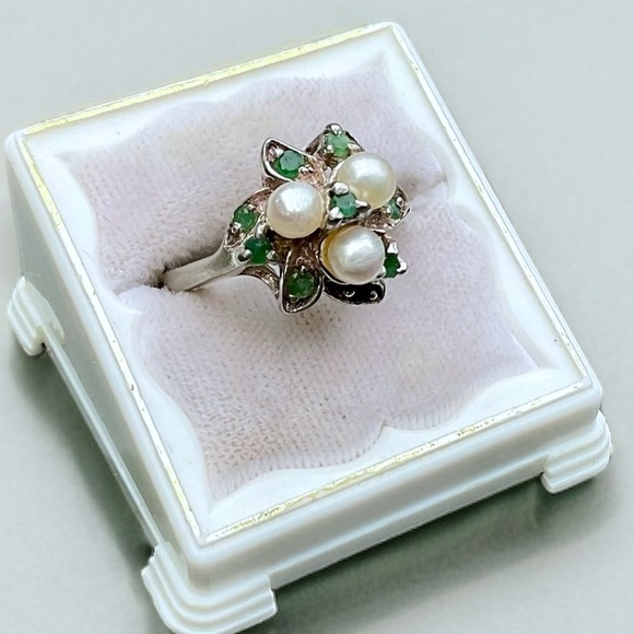 🌺Vintage Sterling Genuine Emerald/Pearl Ring - Picture 6 of 12